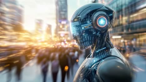futuristic robot in a crowded city