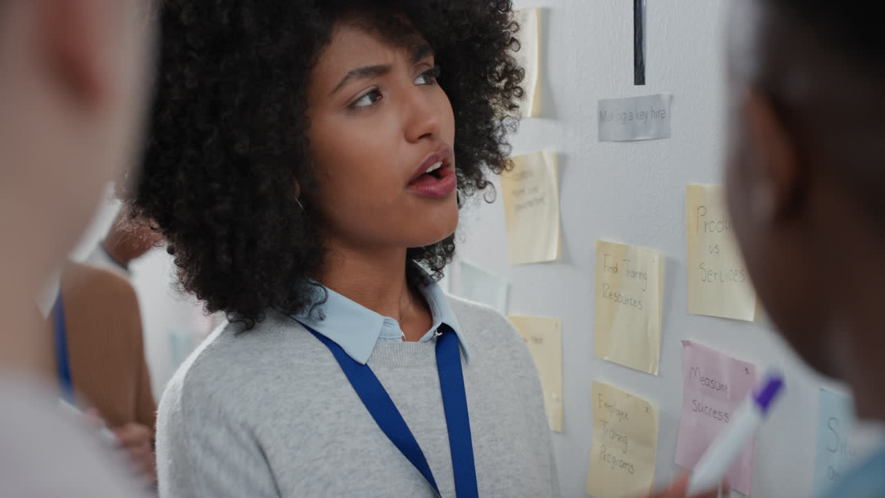 mujer líder de equipo de negocios usando notas adhesivas haciendo lluvia de ideas con colegas en reuniones compartiendo ideas creativas para resolver problemas disfrutando del trabajo en equipo en la oficina de inicio