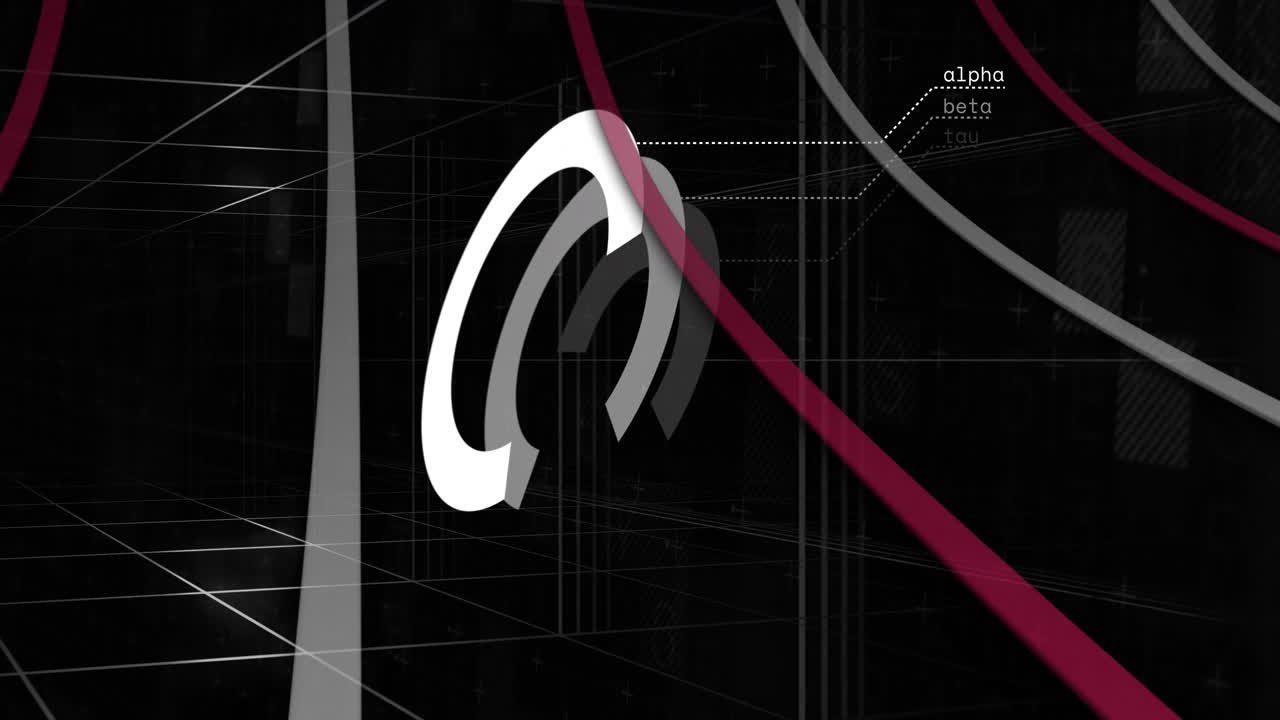 어두운 기하학적 배경 위에 추상적인 모양과 텍스트 애니메이션