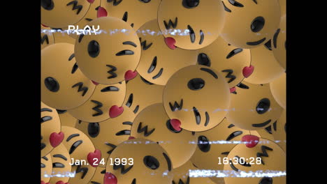 animación digital de vhs efecto de fallo sobre múltiples caras soplando un beso emojis en fondo negro