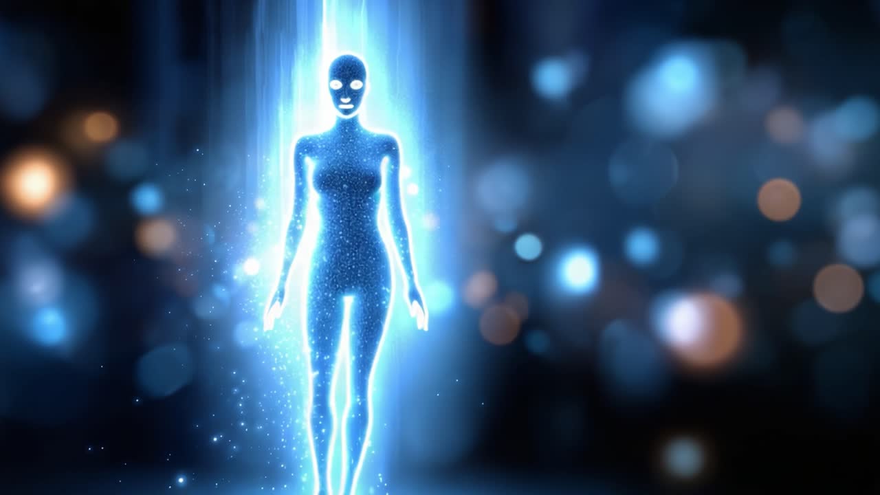 Un momento ipnotico: una silhouette emerge da una cascata di luce e scintille, irradiando energia eterea e illuminazione in un paesaggio onirico illuminato dalle stelle