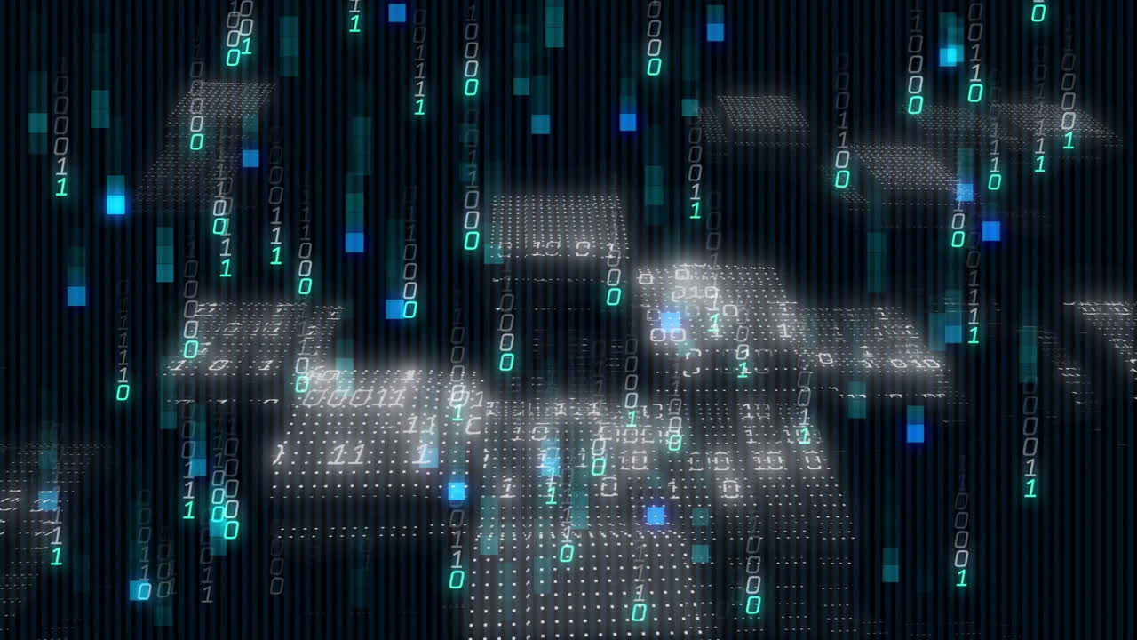 Animation of digital matrix with binary code and glowing blocks for data processing