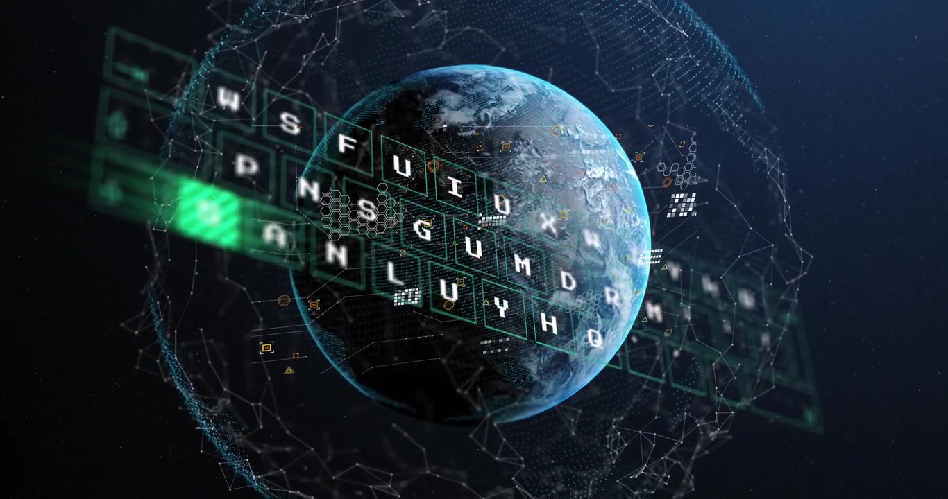 Animation of network of connections and globe over text on text on animation background