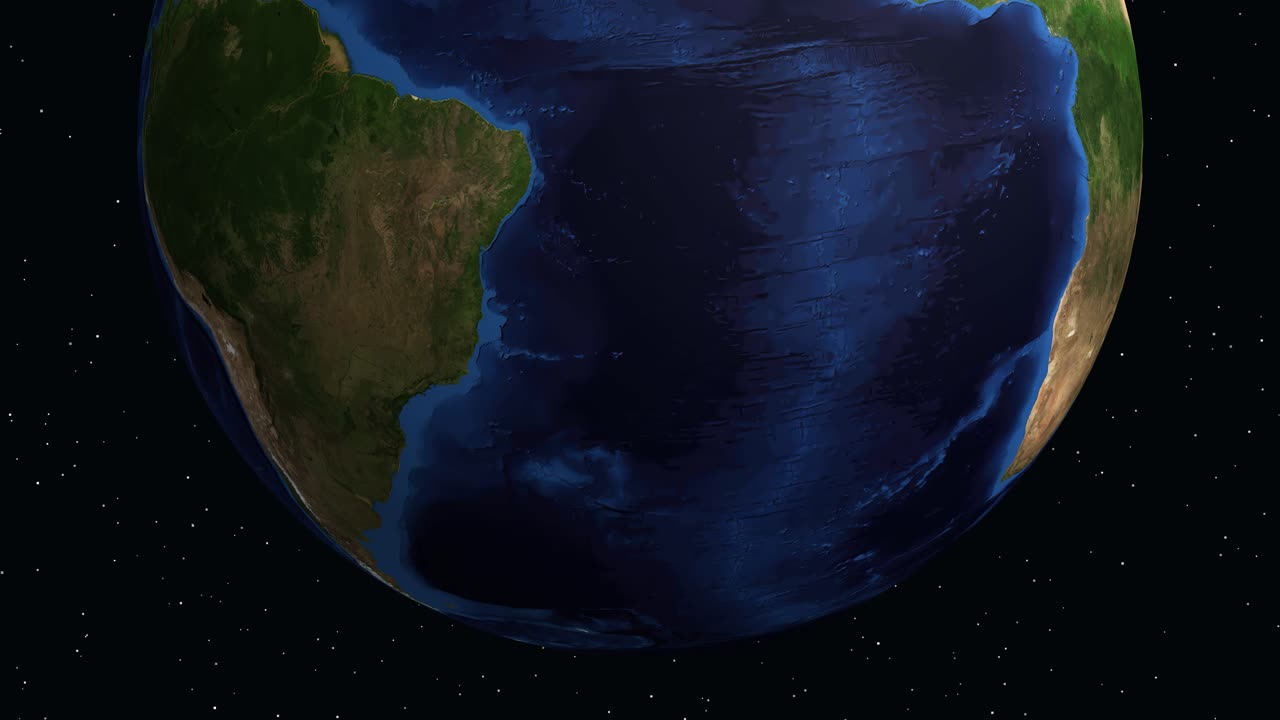 Digital earth rotates and zooms into South America, highlighting Blumenau with a location pin