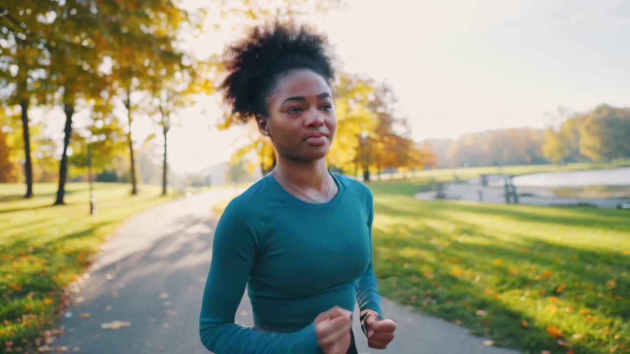 Video sudut rendah seorang wanita yang jogging di taman, menampilkan warna musim gugur dan gerakan dinamis