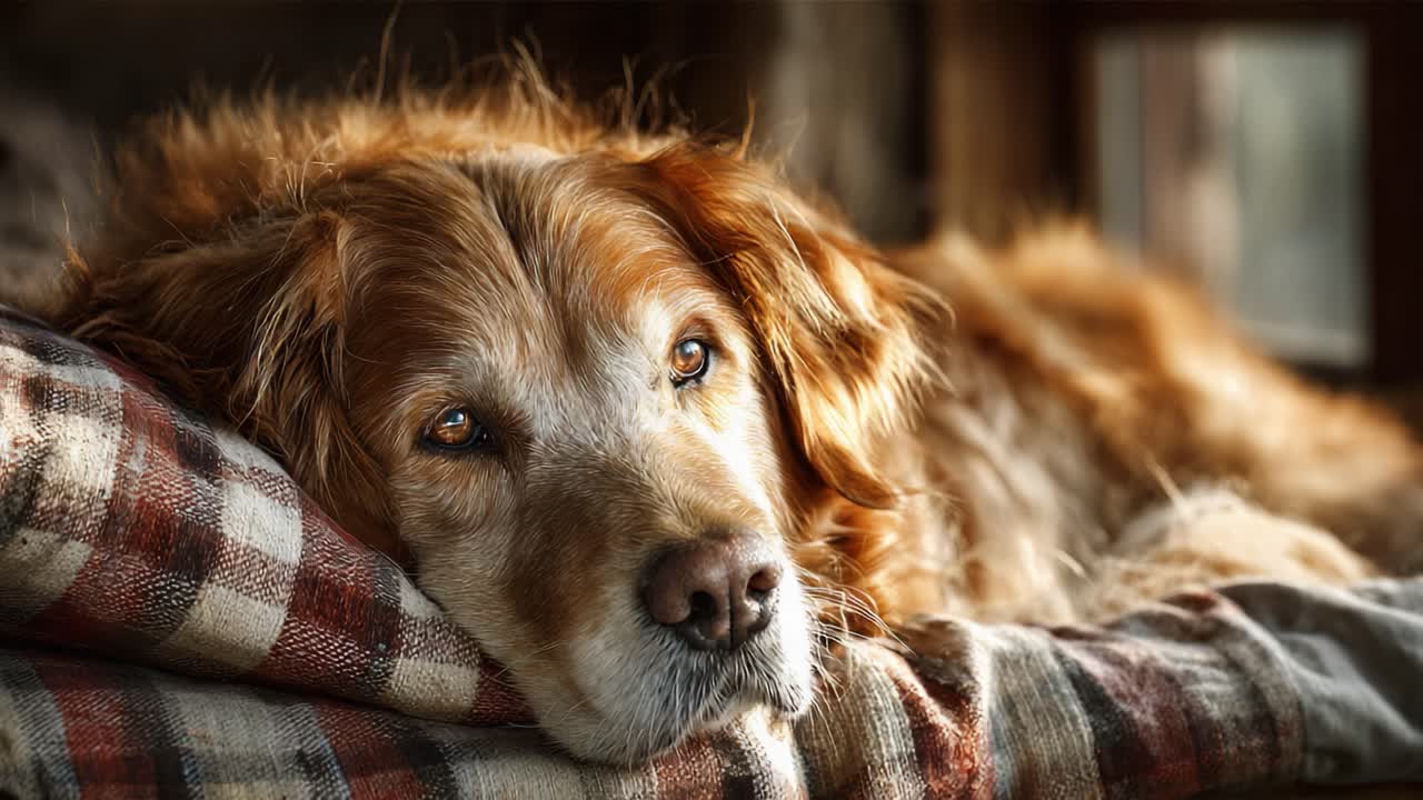 A Golden Retriever Relaxing on a Cozy Blanket, Capturing Intense Emotions with Thoughtful Eyes and a Soft, Fluffy Coat, Perfect for Nature and Pet Lovers Alike
