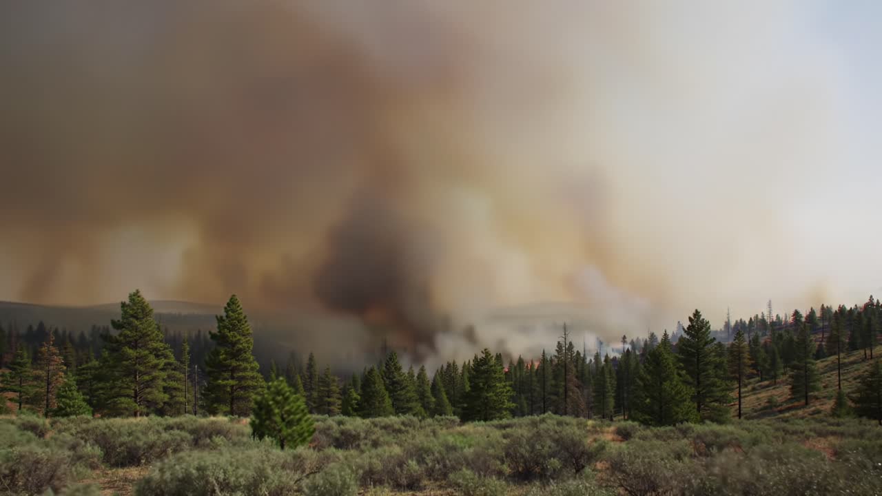Wildfire Engulfs Forest Area in Summer Haze Near National Park Creating Smoky Atmosphere