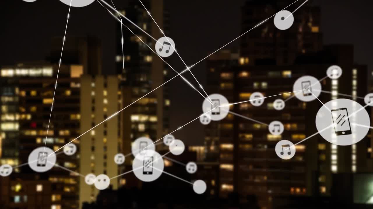 도시 풍경 위의 아이콘으로 연결된 네트워크의 애니메이션