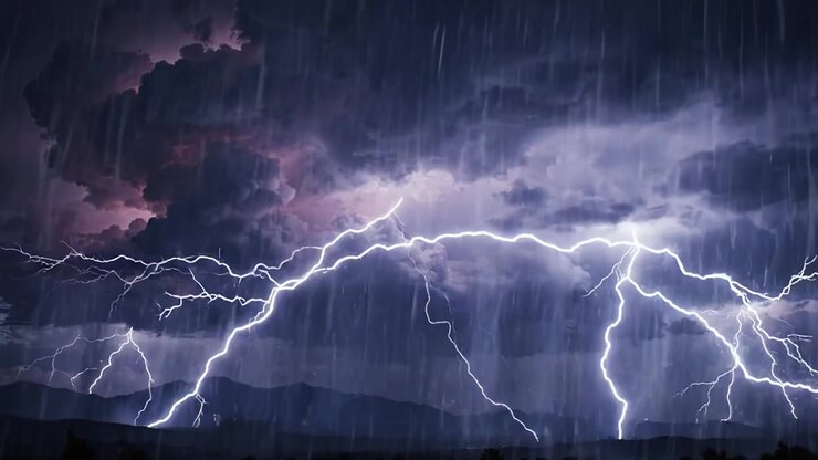 Temporale drammatico: Uno spettacolo affascinante di fulmini e tempesta di pioggia su montagne maestose con nuvole scure e fulmini vividi