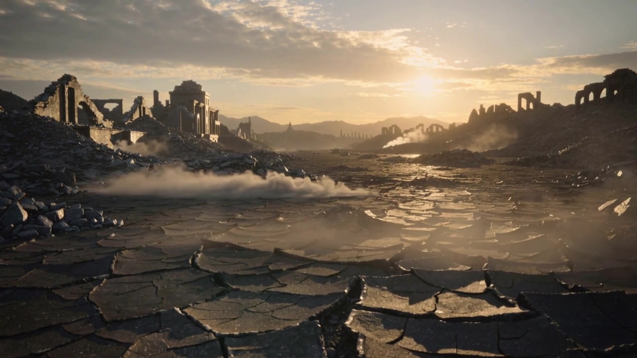 Revealing cracked dry earth reacting to rising plume across dried lake bed with ruined arches, sun