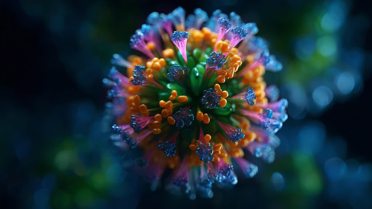 Una vista dettagliata della struttura complessa e colorata di un virus, che mostra i colori vivaci dei picchi e delle proteine superficiali in un formato microscopico visivamente accattivante