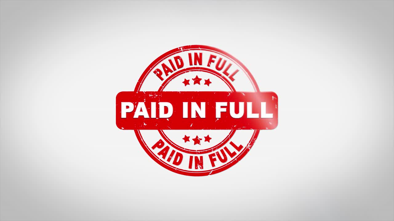 Paid in full signed stamping text wooden stamp animation red ink on clean white paper surface