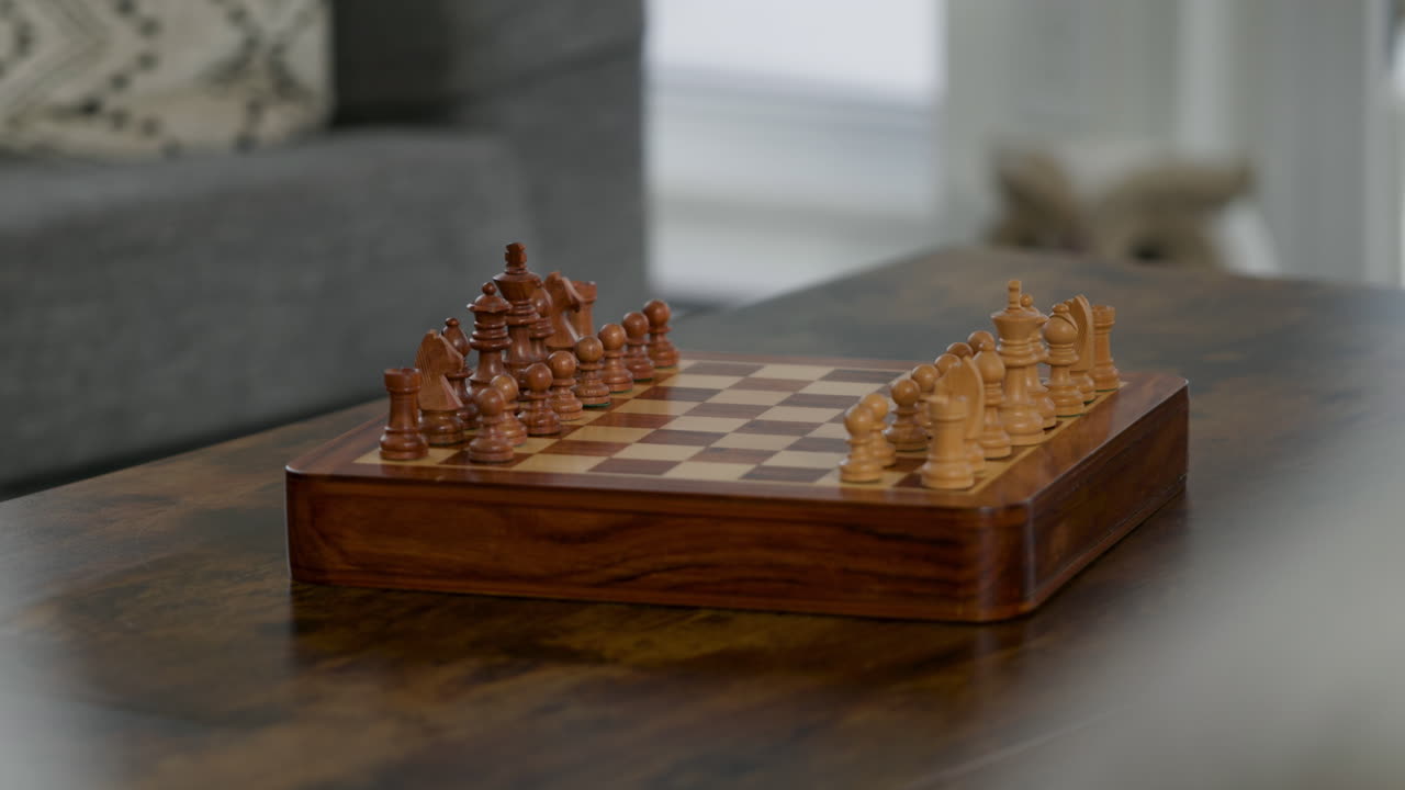 A person moves a chess piece while playing a game at home. The room has a cozy atmosphere and the chessboard is made of wood. The time appears to be afternoon