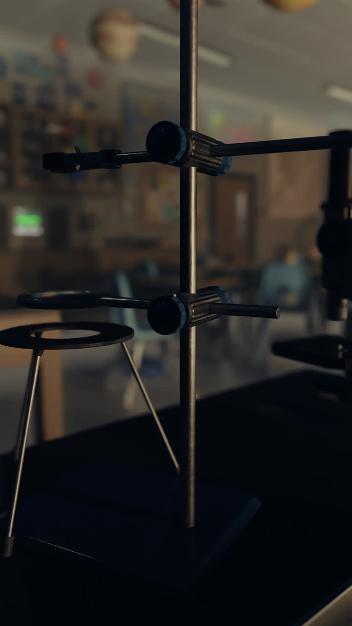 Close-up of a science lab setup with a ring stand, clamps, and a microscope in the background