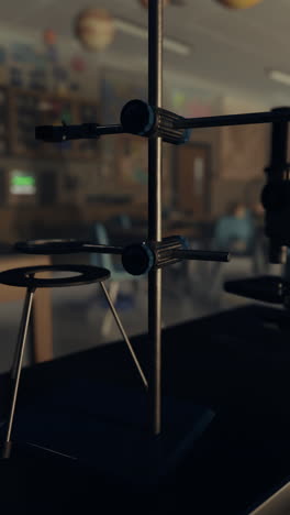 close-up of a science lab setup with a ring stand, clamps, and a microscope in the background