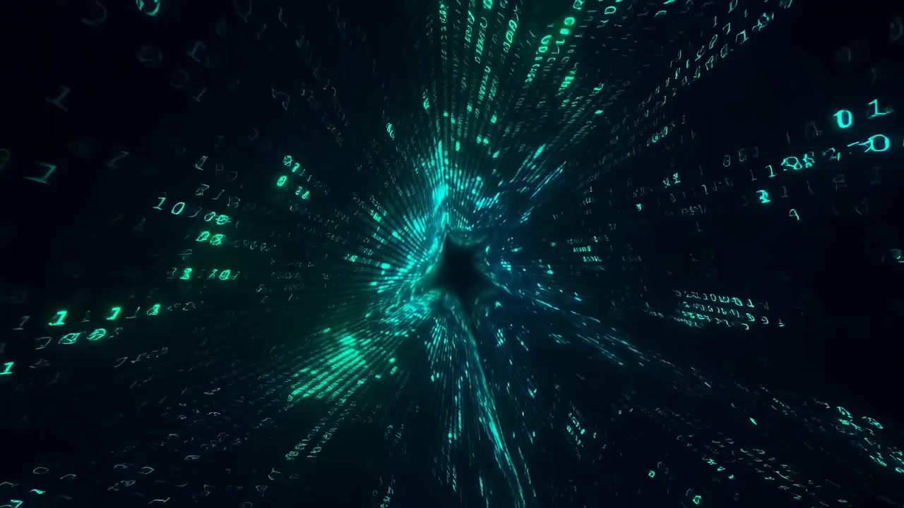 A centered teal human silhouette stands inside a dark tunnel of flowing light particles and streaking data lines, creating a dramatic futuristic motion effect