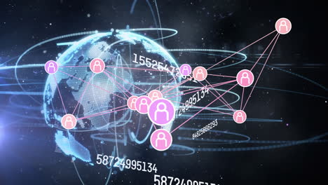 animación de múltiples números cambiantes y red de iconos de perfil sobre un globo giratorio en el espacio
