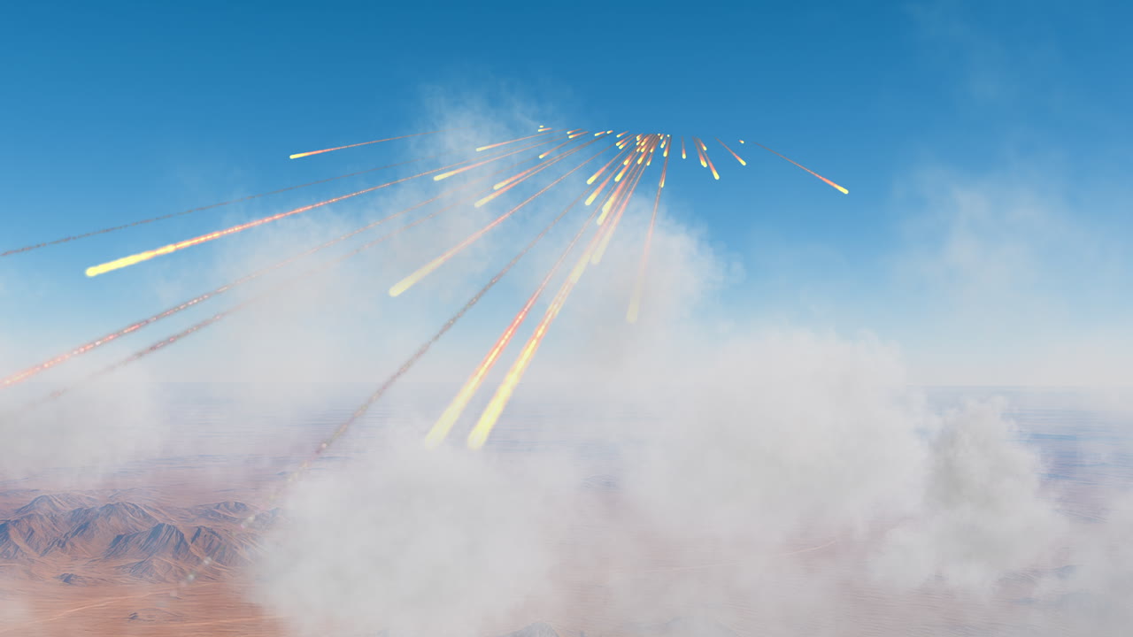 Aircraft flares over cloudy desert landscape