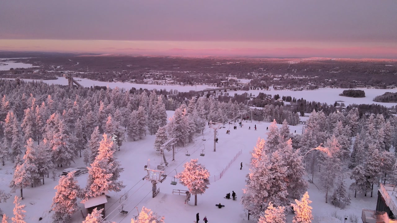 4K Drone Video of Ski Resort in Lapland at Winter Sunset