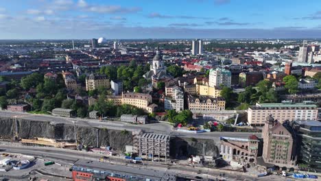 church of katarina in stockholm, sweden, drone fly over water and tower in city central