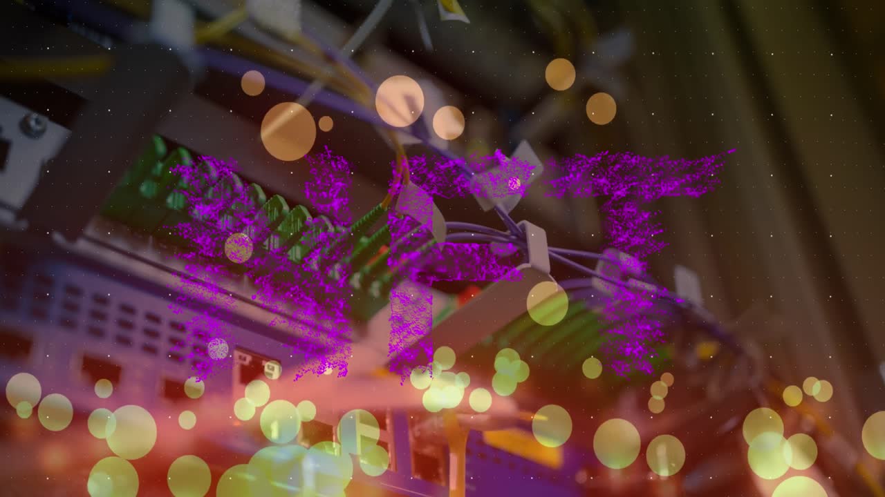 Animation of dots forming nft text and falling lens flares over wires connected to modems