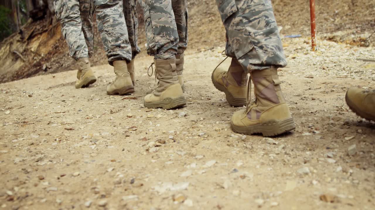 Military troops walking at boot camp 4k