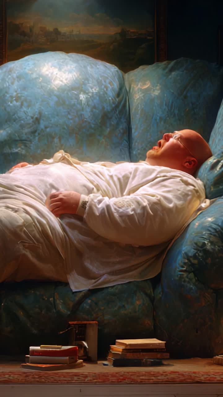 En mand i en hvid kåbe vågner fra søvn på en turkis sofa omgivet af bøger og en rolig atmosfære