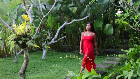 slow motion of young asian female walking through lush green garden in a red maxi dress on sunny day