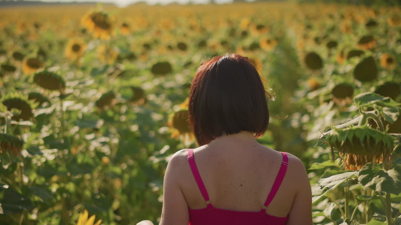 Женщина идет по подсолнечному полю на закате, путник, идущий спиной вперед, исследует высокие цветы, мягкий контровый свет и теплая дымка, задумчивое настроение с медленной панорамой, атмосфера позднего летнего вечера, одинокое путешествие