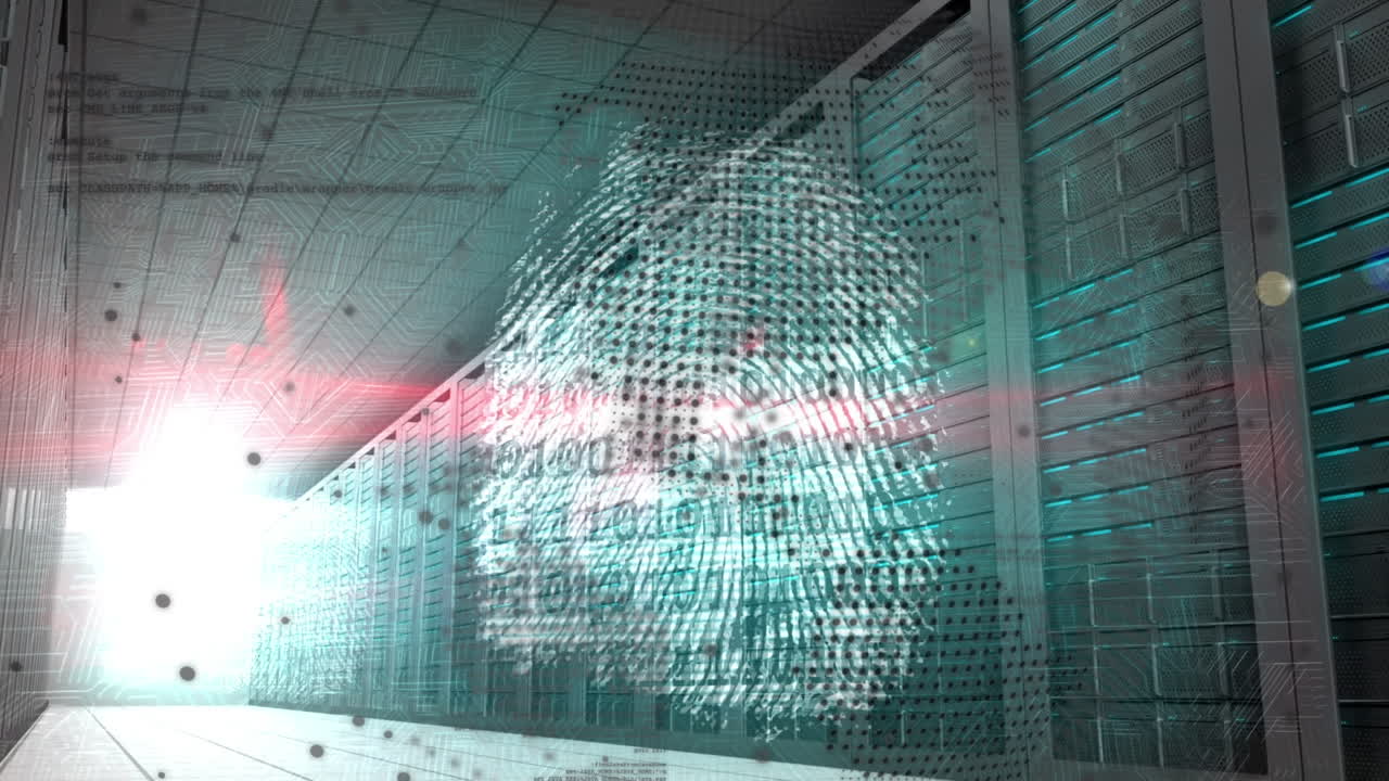 animación del procesamiento de datos con iconos de globo y huellas dactilares sobre la sala del servidor