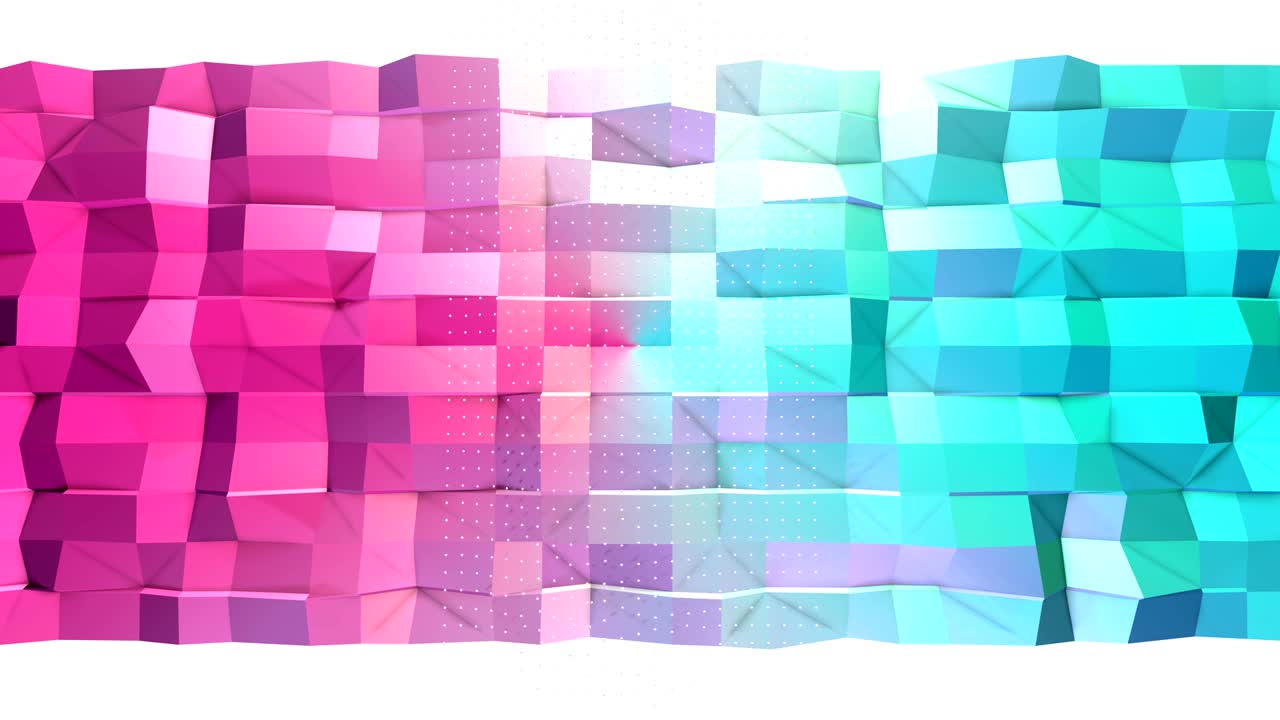 abstracto simple azul rosa baja poli superficie 3d y cristales blancos voladores como entorno fractal. fondo de baja poli geométrico suave de polígonos rosados azules puros. fondo de bucle sin costura 4k fullhd.