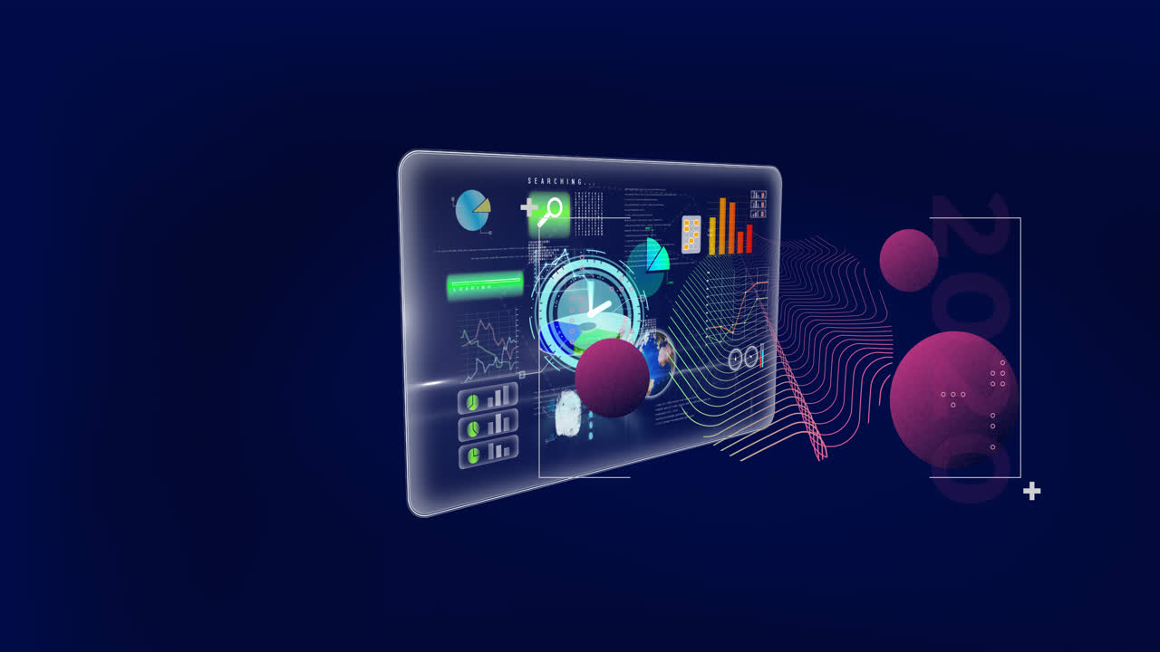 animación de la interfaz digital con reloj sobre fondo oscuro