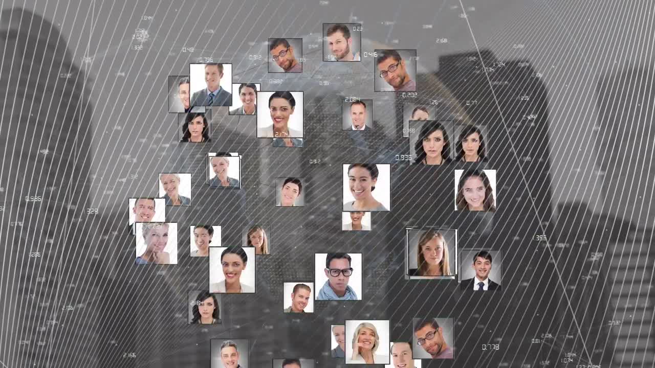 다양한 사람들의 아이콘과 도시 풍경에 대한 연결 네트워크의 애니메이션