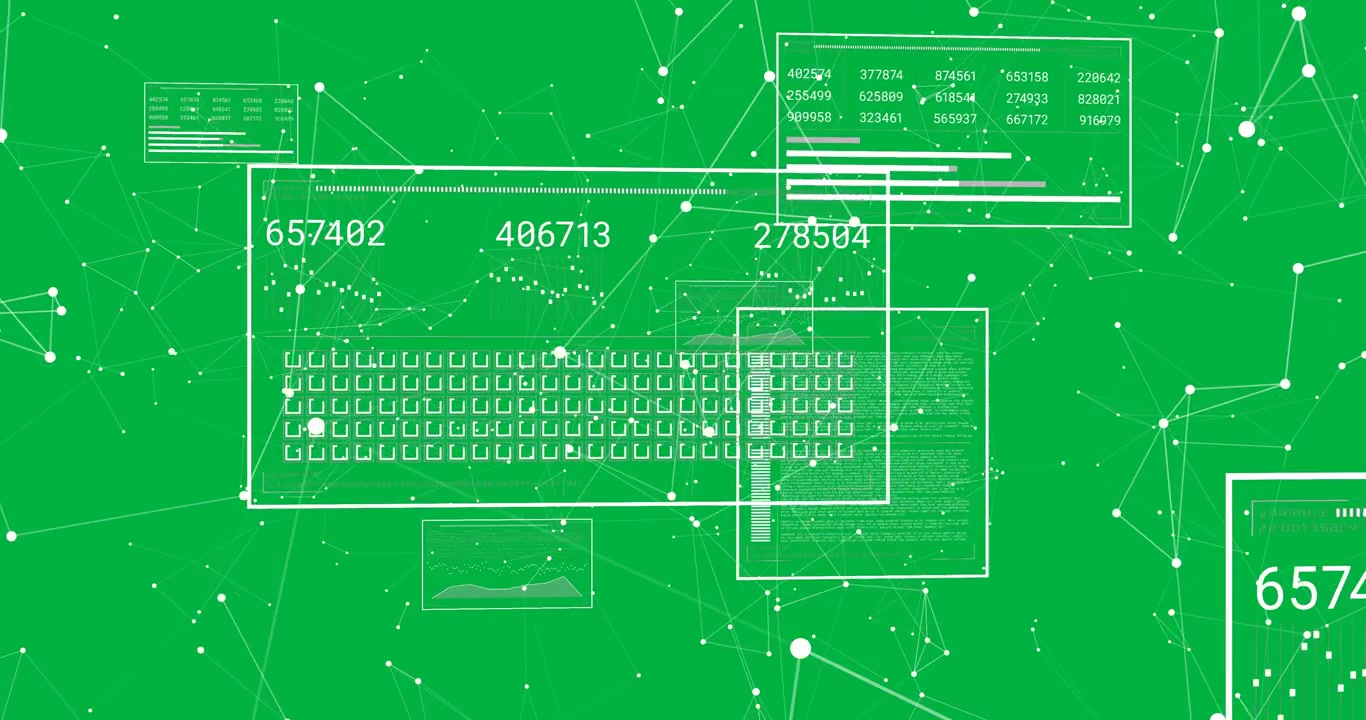 Animation of data processing on computer screens over transparent background