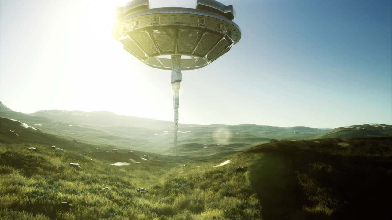 Mysterious alien ship descends upon lush extraterrestrial landscape at dawn