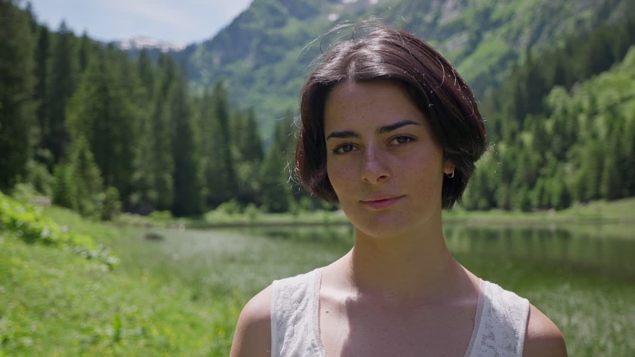 Zoom ind på en glad brunette pige, der står udendørs ved en sø i de schweiziske alper. Solrig sommerdag i smukt landskab. Slowmotion portræt nærbillede