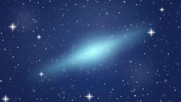 Uno sfondo cosmico blu intenso con stelle scintillanti e una nebulosa centrale che si sposta orizzontalmente