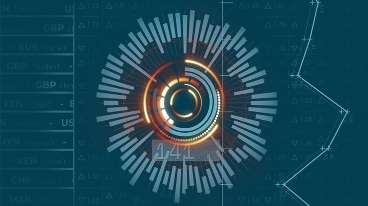 Animation of data processing and scope scanning over stock market