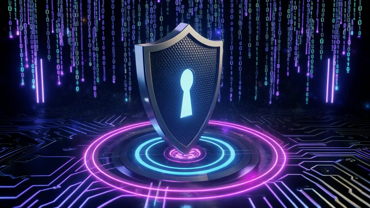 Cyber Security Shield Icon with Digital Binary Code Background