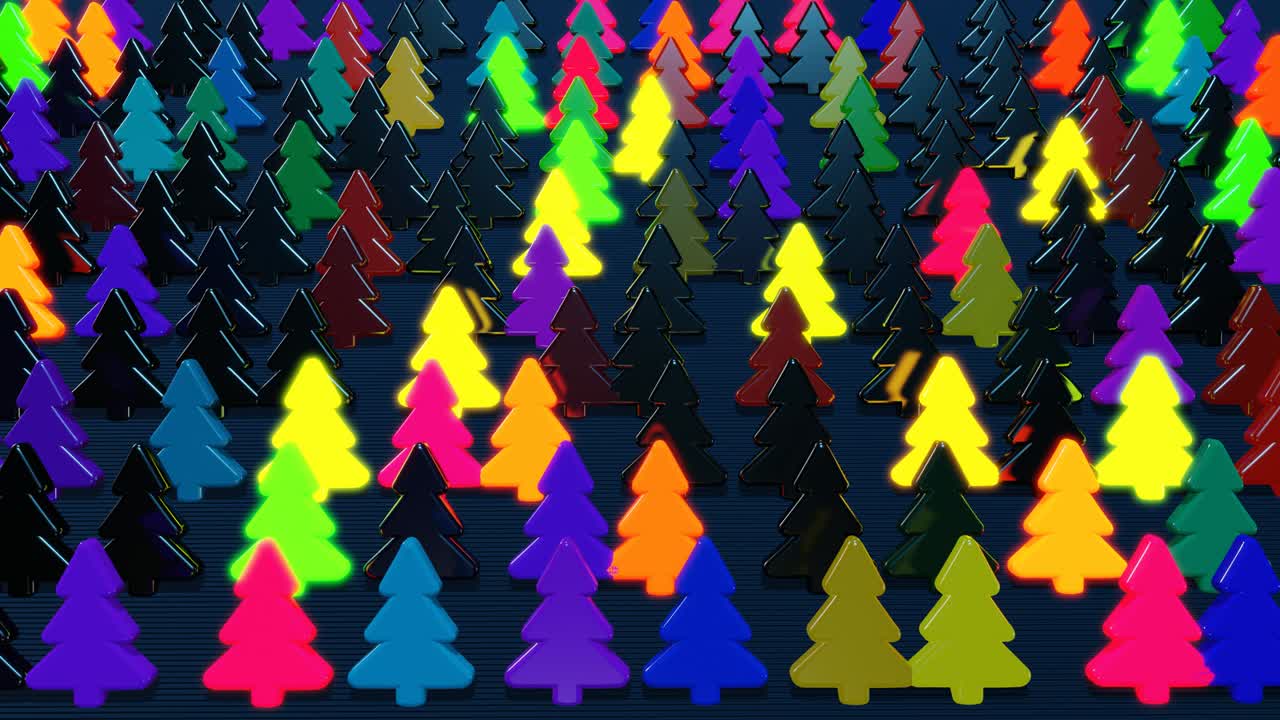 tarjeta de navidad con guirlanda multicolor, bombillas en forma de árbol de navidad en el avión. hermosa composición de año nuevo en bucle. bandera de año nuevo, guirlanda de neón o juguetes de navidad en forma de árboles de navidad