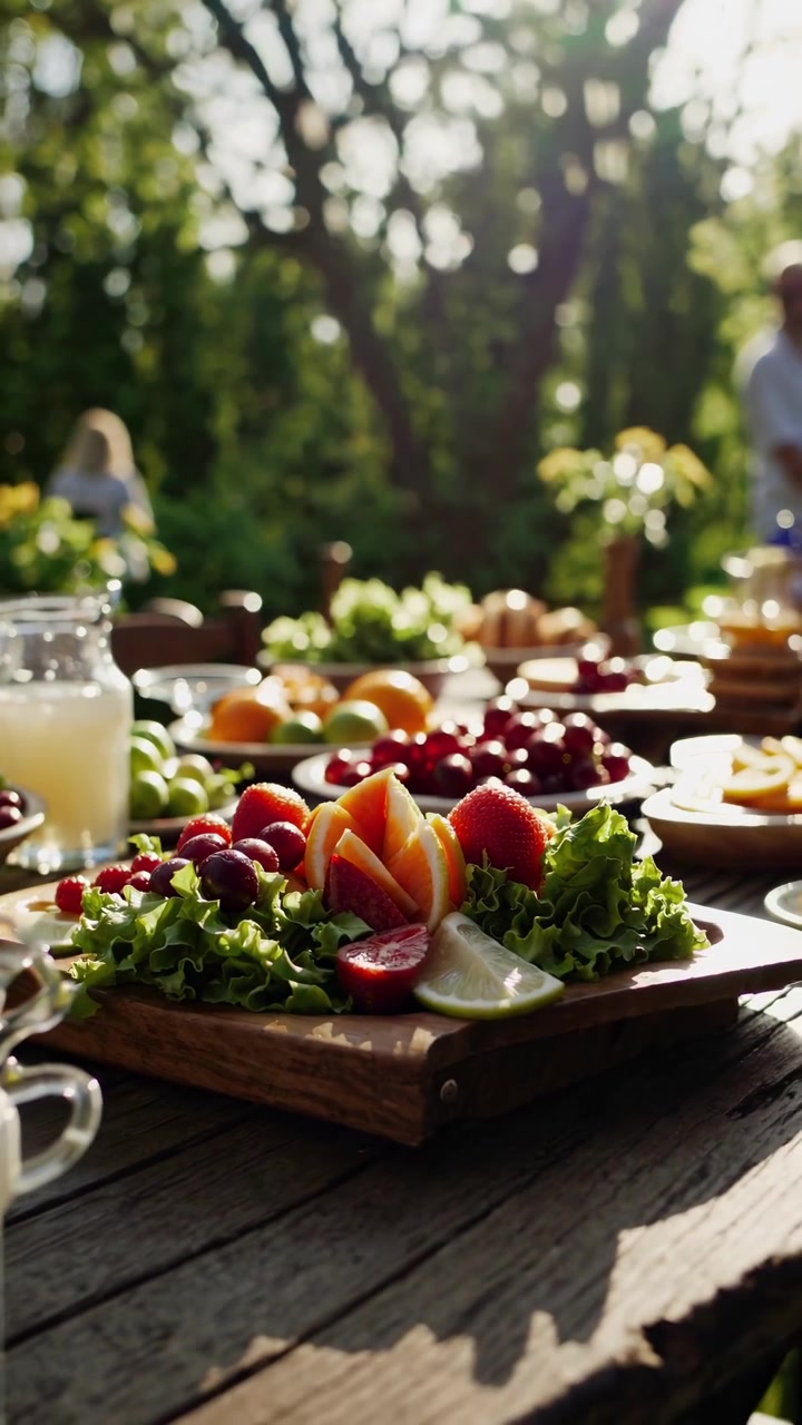 Deliziosi frutti freschi e limonata su un tavolo da picnic all'aperto