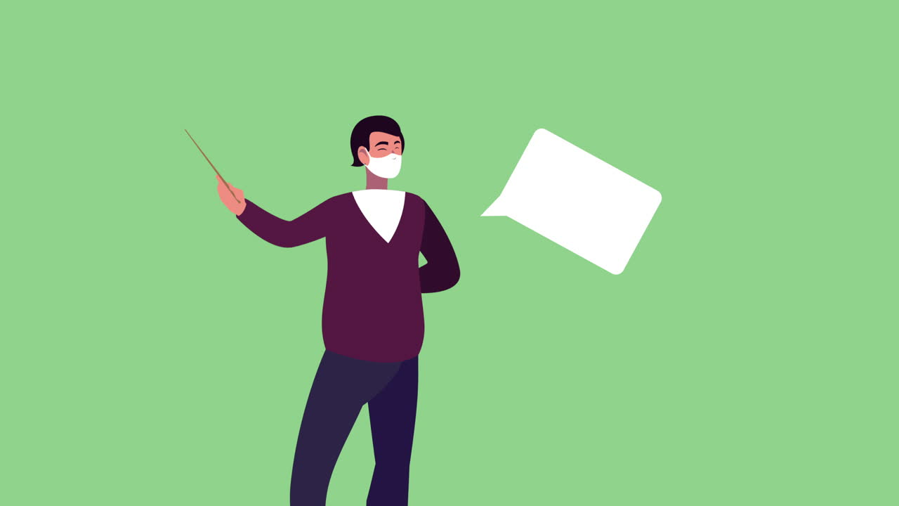 male teacher wearing medical mask for covid19 with speech bubble