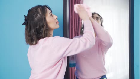 집을 청소하는 행복한 젊은 여성.