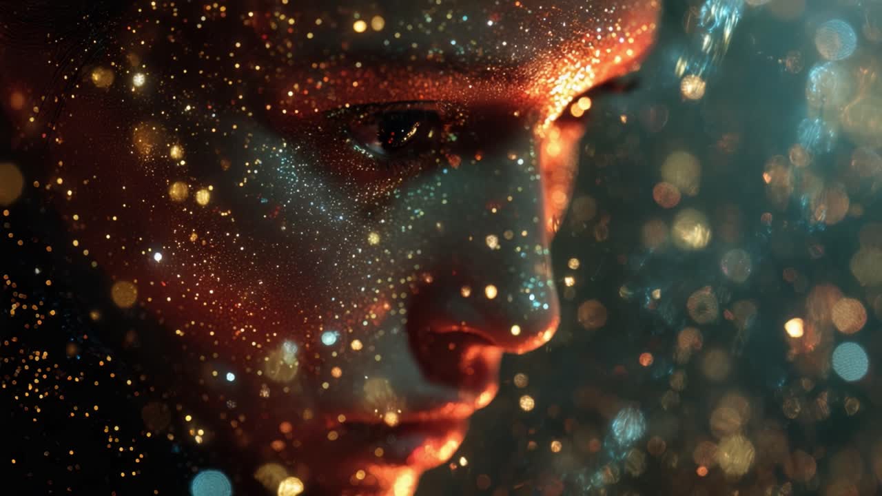 Cinematic close up of a beautiful woman's profile with her face covered in sparkling golden glitter as magical particles and bokeh lights float around her in a dark, dreamy atmosphere