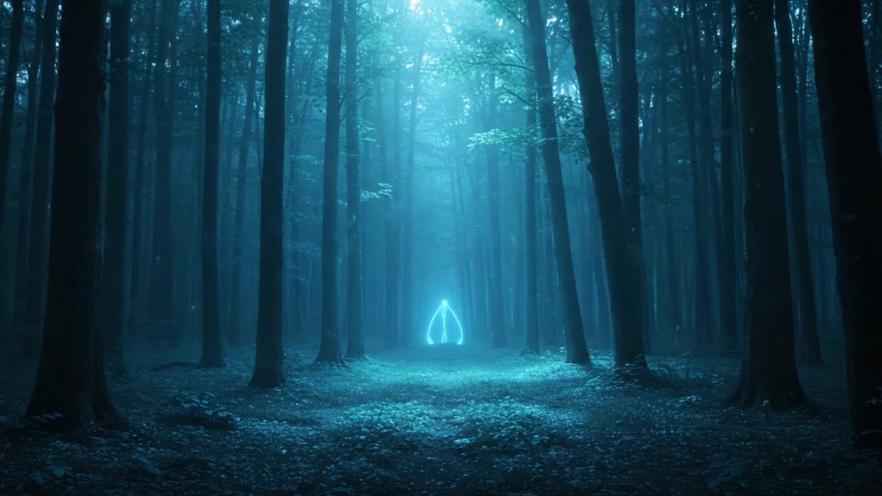 Mysterious Glowing Figure Emerges in Enigmatic Forest, Illuminating a Path Through the Dense Woodland with Ethereal Light and Captivating Atmosphere
