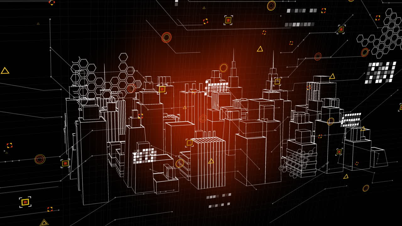 анимация обработки данных над 3d городским пейзажем