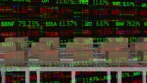 animation of stock market data processing and mosaic squares against delivery boxes on conveyer belt