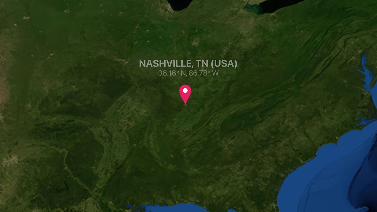 A 2D satellite map animation zooms from a world view into Nashville, Tennessee, United States