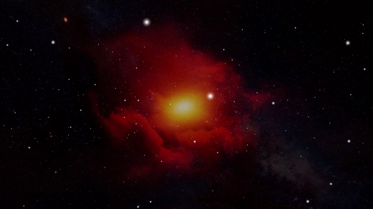 우주 공간에서 움직이는 붉은 성운 구름과 은하수