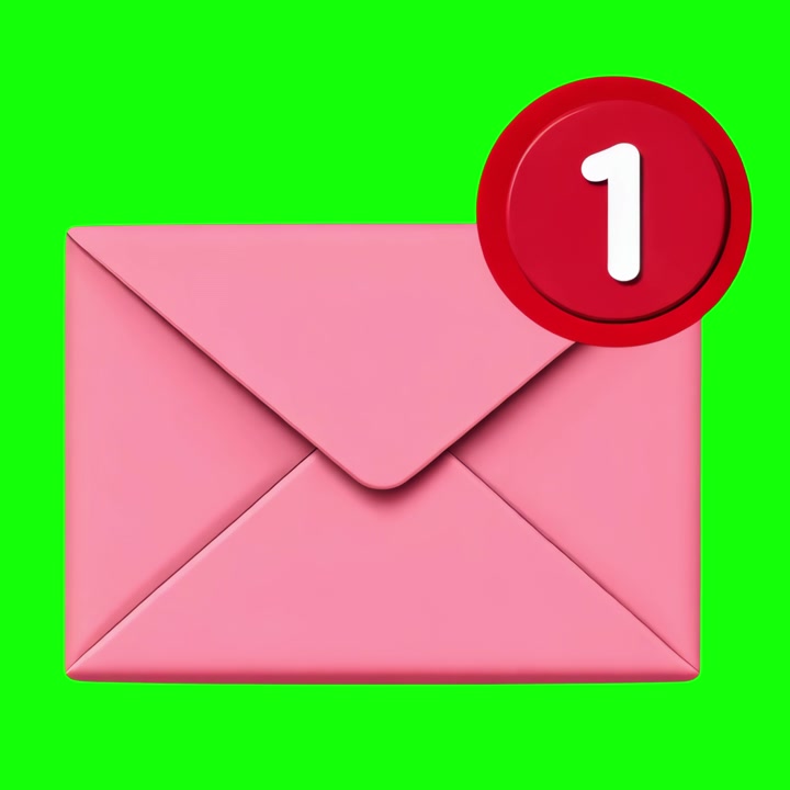 Busta rosa animata in 3D con una notifica di nuovo messaggio su schermo verde